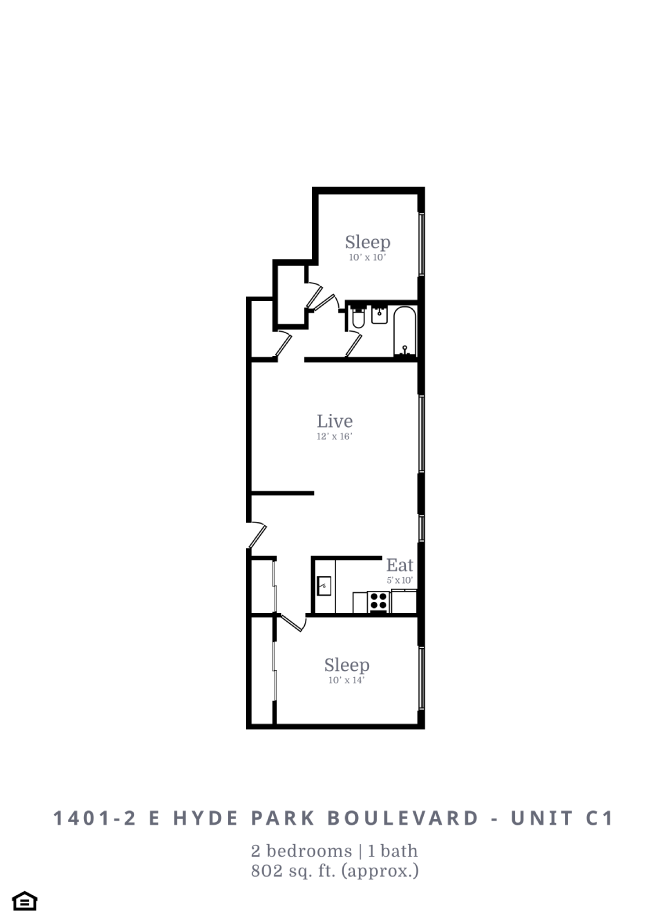 Floor plan for 2 beds, 1 bath, 892 sqft